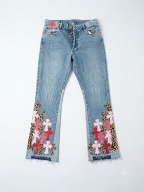 Chrome Hearts Inspired Cross Patch Flared Pink Red Leopard Y2K Denim Jeans 34